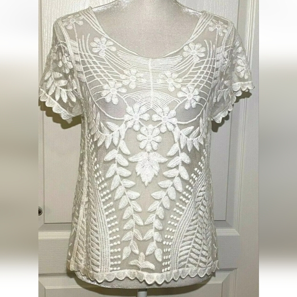EXPRESS White Embroidered DAISY FLORAL Mesh Lace Boho Festival SHIRT TOP Large - Picture 2 of 8